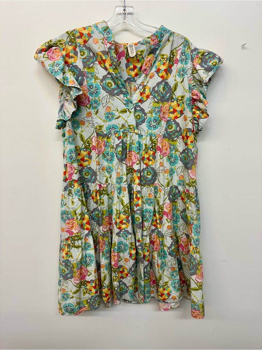 Uncle Frank Floral Tiered Mini Dress in Aqua, Pink, Yellow